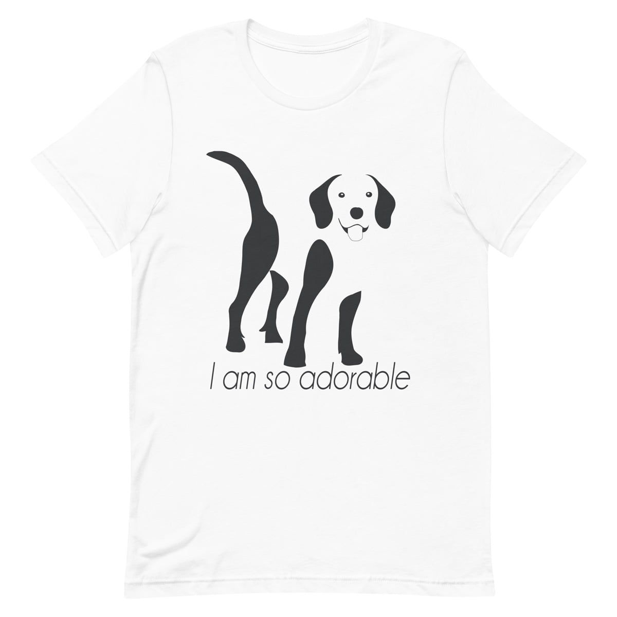 White crew neck short sleeved t-shirt, featuring an adorable Beagle hand drawn silhouette graphic print with the text "I am so adorable." underneath the dog. 