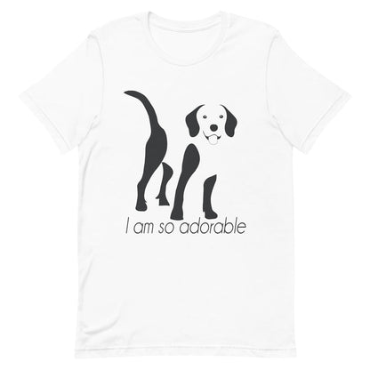 White crew neck short sleeved t-shirt, featuring an adorable Beagle hand drawn silhouette graphic print with the text "I am so adorable." underneath the dog. 