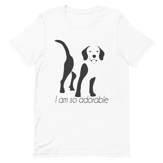 White crew neck short sleeved t-shirt, featuring an adorable Beagle hand drawn silhouette graphic print with the text "I am so adorable." underneath the dog. 