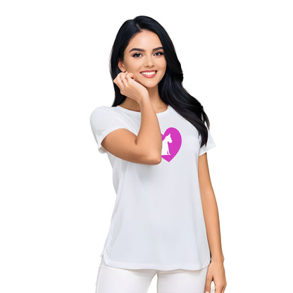 White crew neck short sleeved t-shirt, feature a graphic hand-drawn sitting dog in a nestle of pink heart. Female model shown in close-up to highlight print and fit.