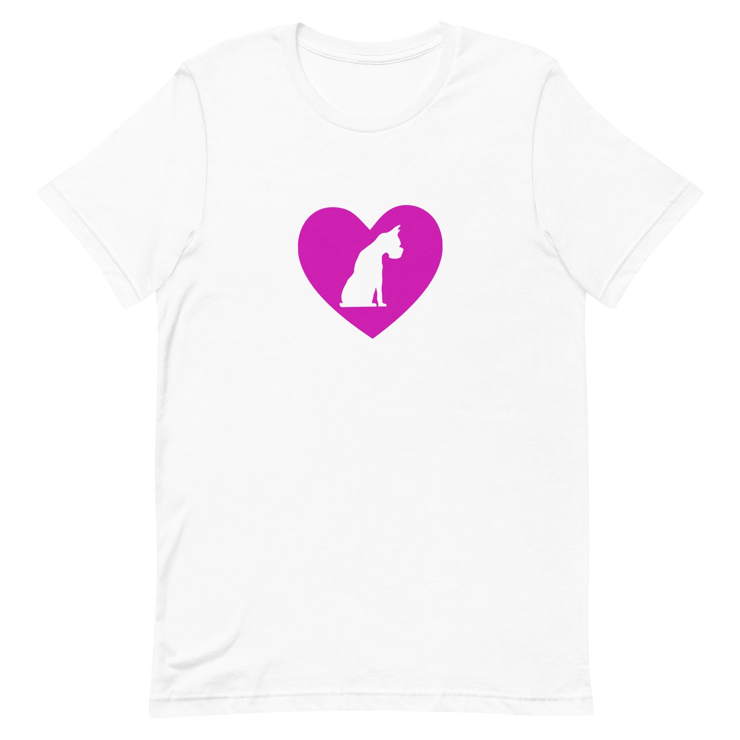 White crew neck short sleeved t-shirt, feature a graphic hand-drawn sitting dog in a nestle of pink heart.