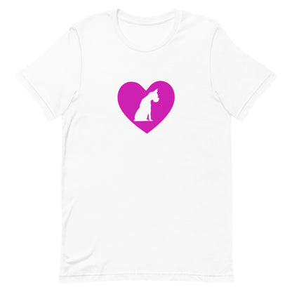 White crew neck short sleeved t-shirt, feature a graphic hand-drawn sitting dog in a nestle of pink heart.