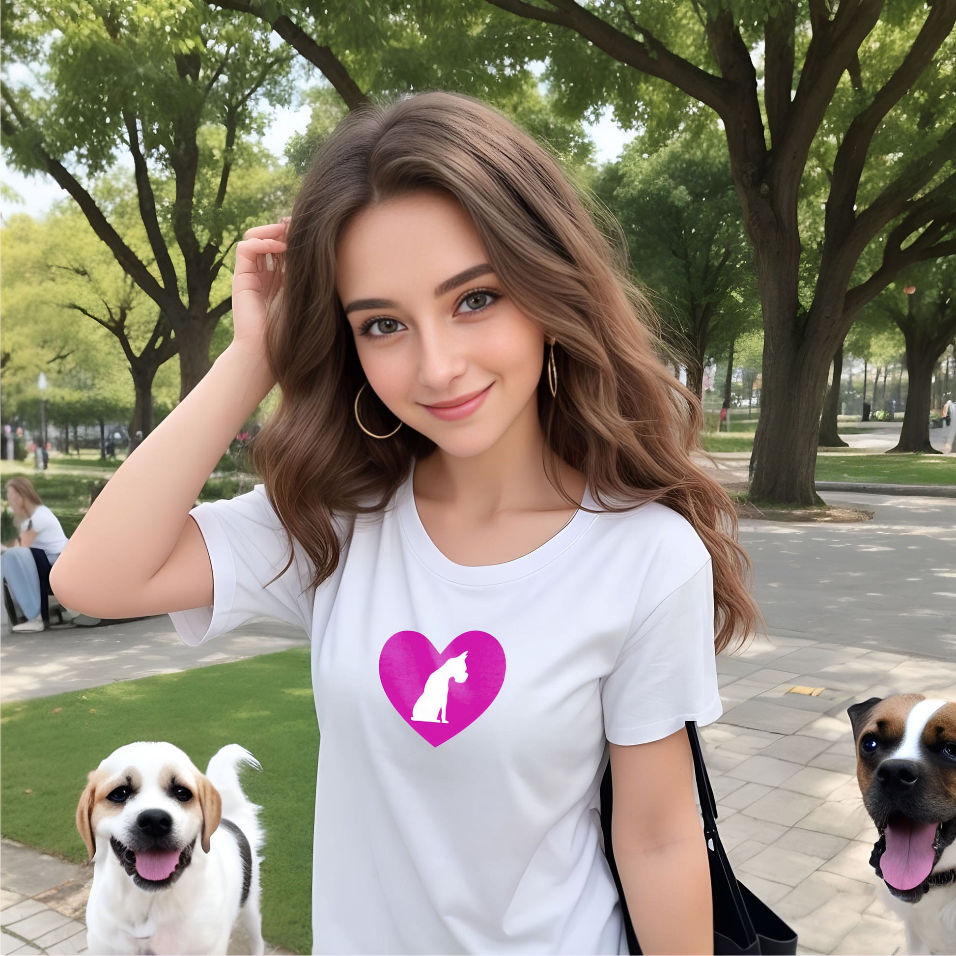 Women standing in a dog pak, next to her two dogs, happy faces, she is wearing a white crew neck short sleeved t-shirt, feature a graphic hand-drawn sitting dog in a nestle of pink heart.