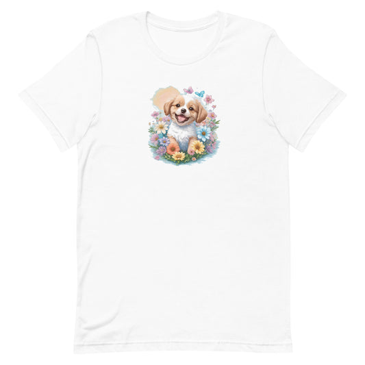 White crew neck short sleeved t-shirt, feature an intricate colorful hand-drawn lively shepherd puppy amidst a blooming wicker floral basket garden.