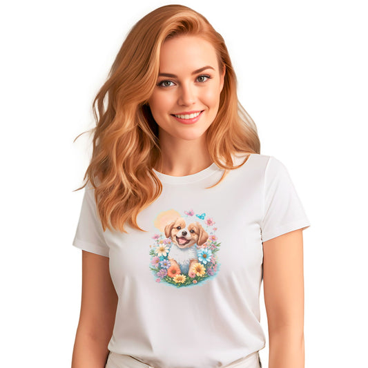 White crew neck short sleeved t-shirt, feature a graphic vibrant colorful hand-drawn dog face of a  Shepherd Puppy sitting in floral wreath.  Female model shown in close-up to highlight print and fit.
