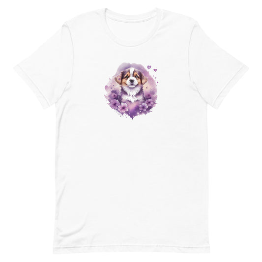 White crew neck short sleeved t-shirt, features an adorable Shepherd puppy, nestle in hearts and floral garden.