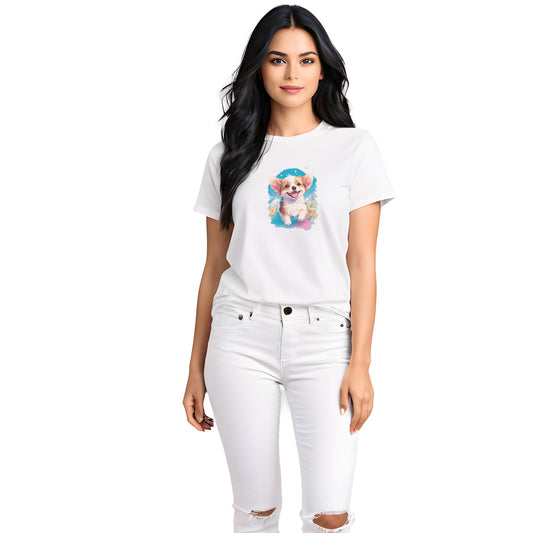 White crew neck short sleeved t-shirt,features a graphic vibrant colorful hand-drawn dog face of a cute Corgi puppy sitting in floral garden. Female model shown in close-up to highlight print and fit.