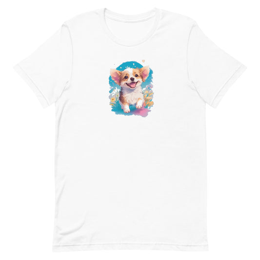 White crew neck short sleeved t-shirt,features a graphic vibrant colorful hand-drawn dog face of a cute Corgi puppy sitting in floral garden. 