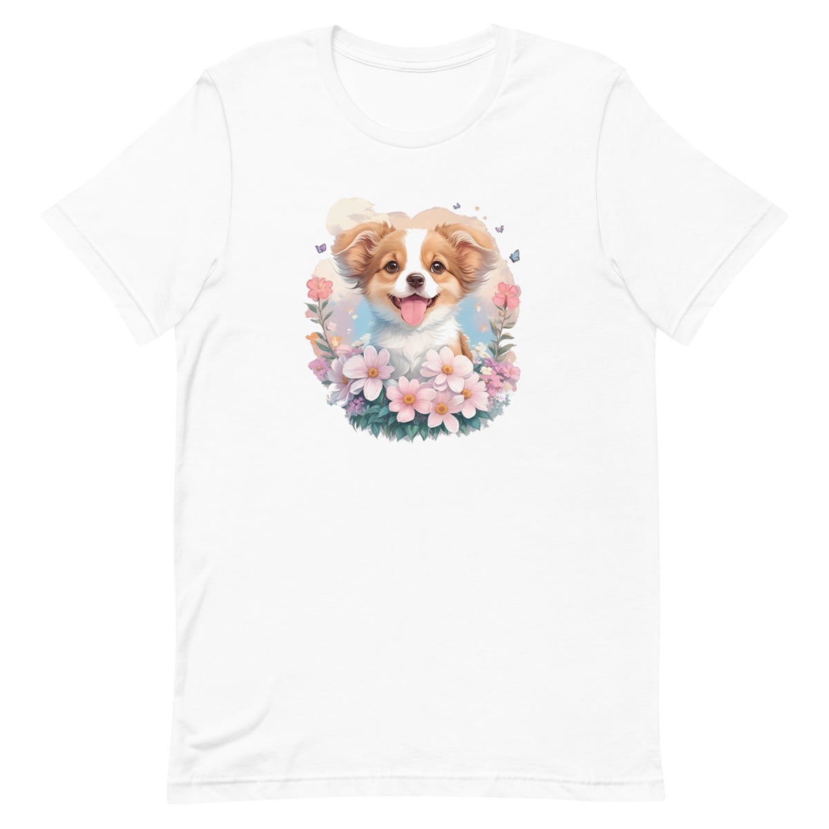 White crew neck short sleeved t-shirt, feature a graphic vibrant colorful hand-drawn dog face of a  Shepherd Puppy sitting in floral wreath.