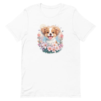 White crew neck short sleeved t-shirt, feature a graphic vibrant colorful hand-drawn dog face of a  Shepherd Puppy sitting in floral wreath.