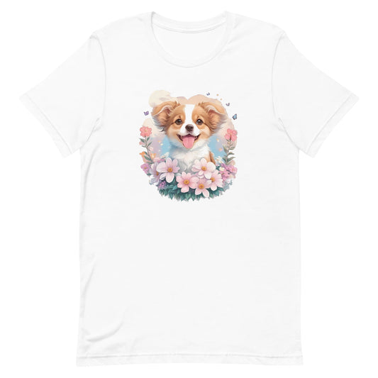 White crew neck short sleeved t-shirt, feature a graphic vibrant colorful hand-drawn dog face of a  Shepherd Puppy sitting in floral wreath.