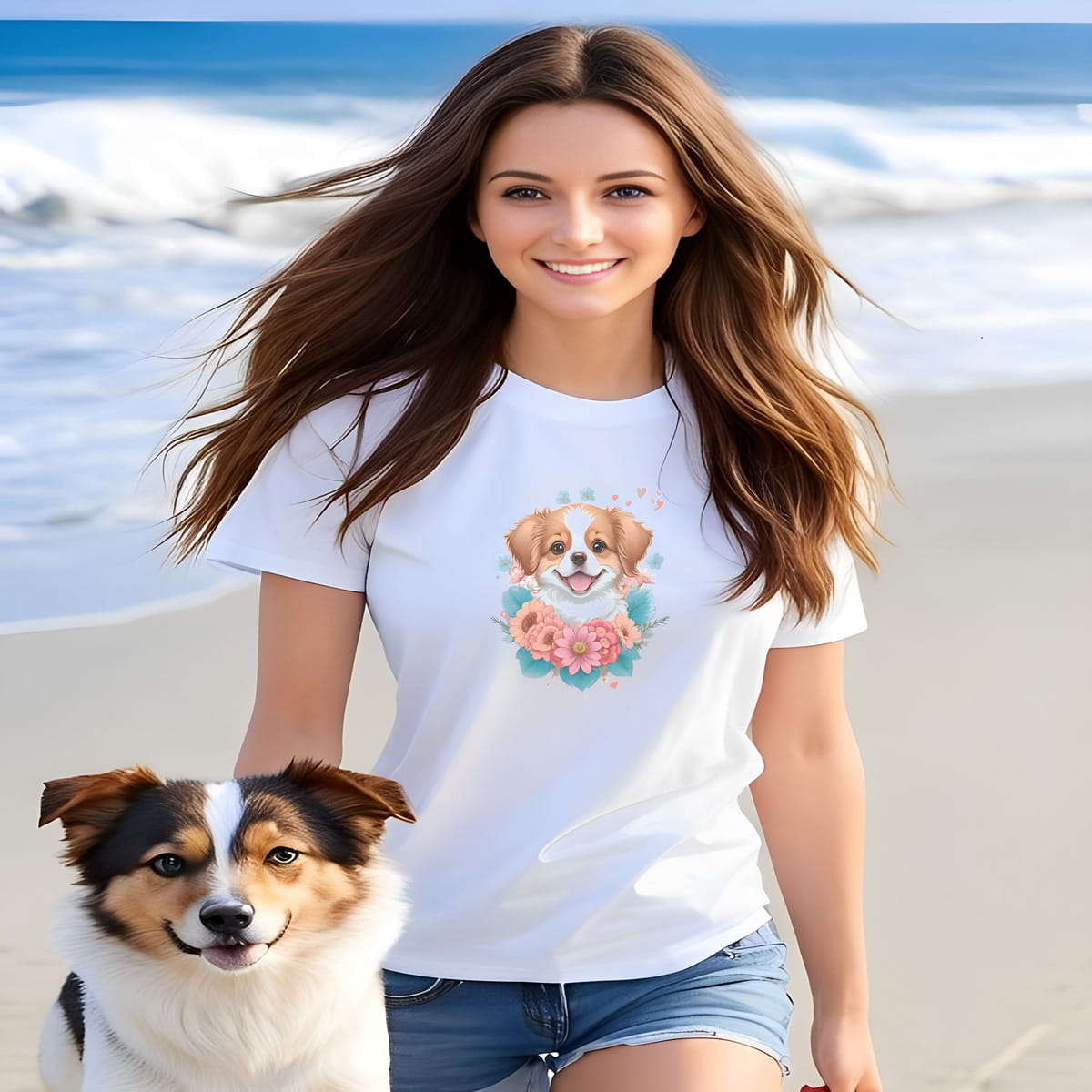White crew neck short sleeved t-shirt, feature a graphic vibrant colorful hand-drawn dog face of a  Shepherd Puppy sitting in floral wreath. woman outdoor dog