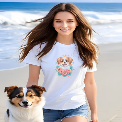 White crew neck short sleeved t-shirt, feature a graphic vibrant colorful hand-drawn dog face of a  Shepherd Puppy sitting in floral wreath. woman outdoor dog