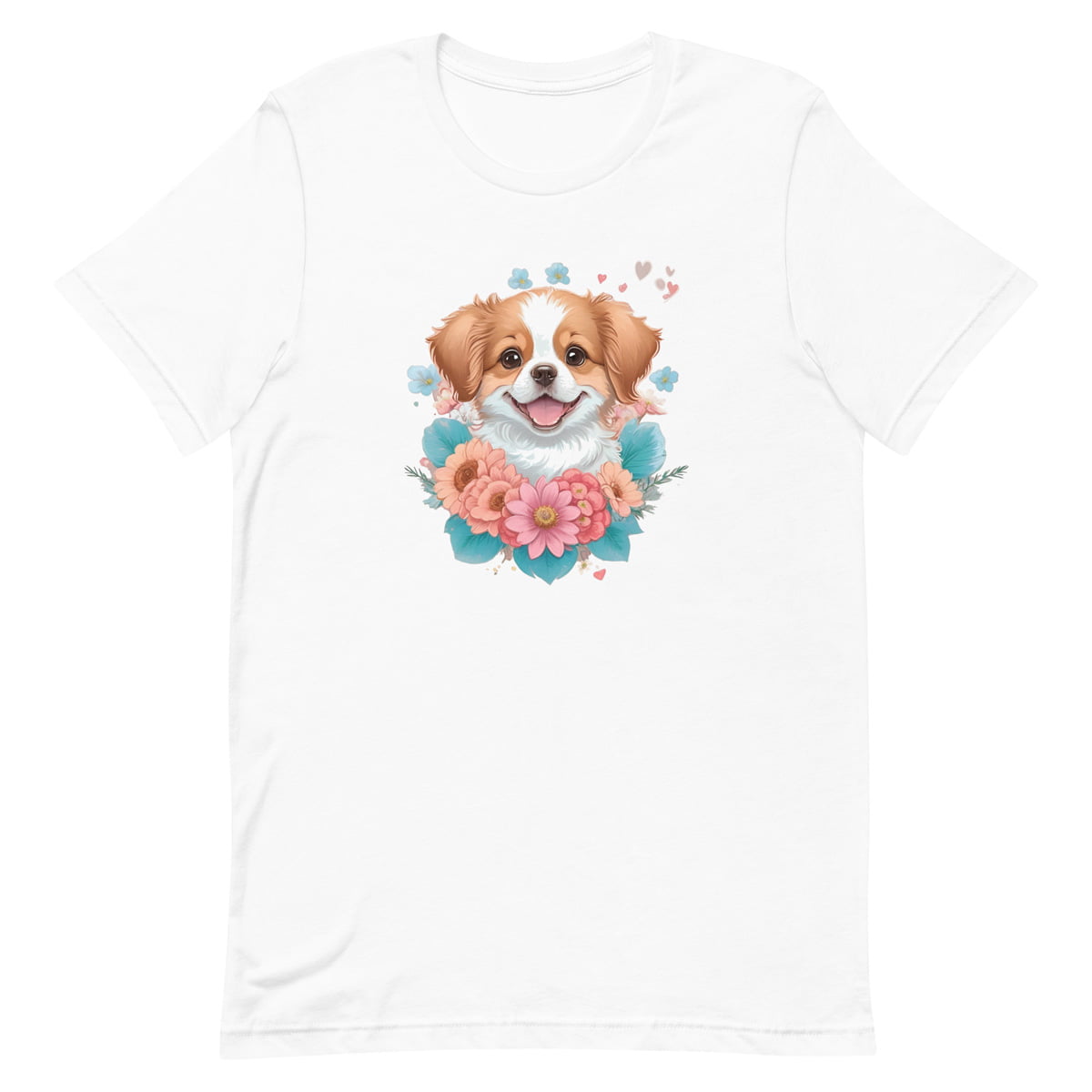 White crew neck short sleeved t-shirt, feature a graphic vibrant colorful hand-drawn dog face of a  Shepherd Puppy sitting in floral wreath
