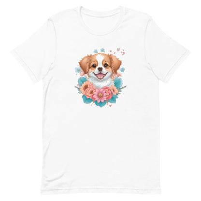 White crew neck short sleeved t-shirt, feature a graphic vibrant colorful hand-drawn dog face of a  Shepherd Puppy sitting in floral wreath