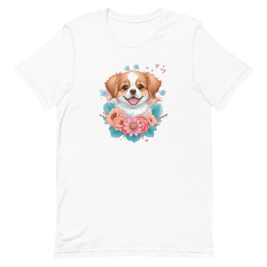 White crew neck short sleeved t-shirt, feature a graphic vibrant colorful hand-drawn dog face of a  Shepherd Puppy sitting in floral wreath