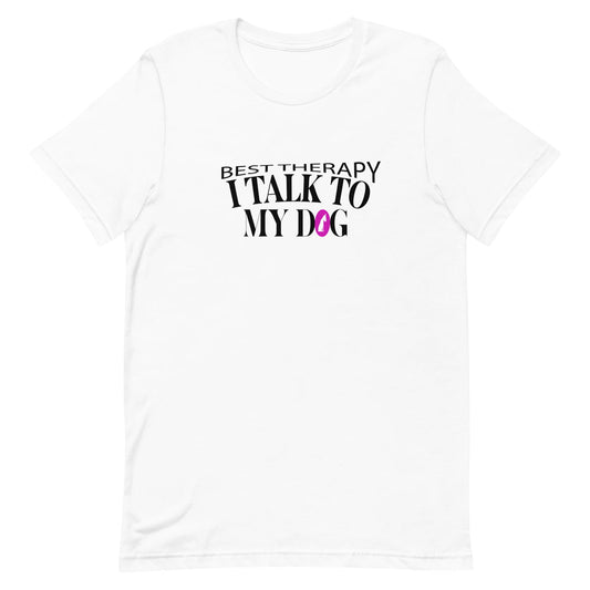 White crew neck short sleeved t-shirt, feature a graphic ”best therapy i talk to my dog” quote a cross chest. 
