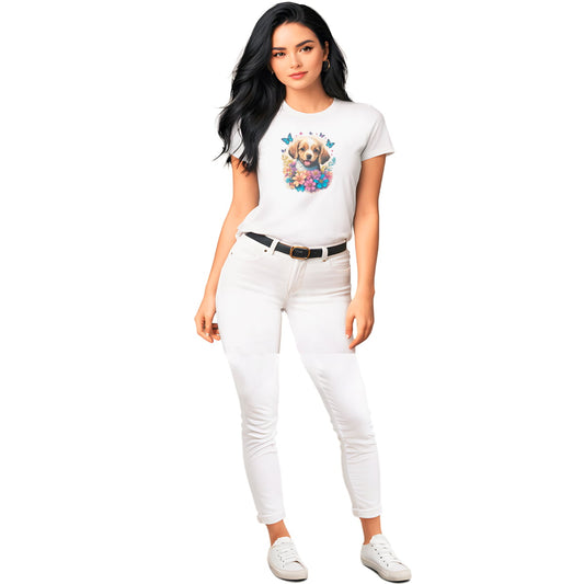 White crew neck short sleeved t-shirt, feature a graphic vibrant colorful hand-drawn dog face of a golden retriever puppy sitting in floral wreath. woman standing