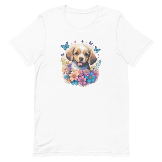 White crew neck short sleeved t-shirt, feature a graphic vibrant colorful hand-drawn dog face of a golden retriever puppy sitting in floral wreath