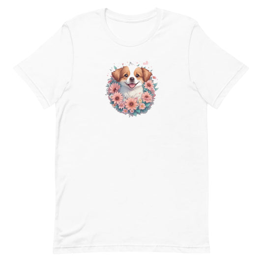 White crew neck short sleeved t-shirt, feature a graphic vibrant colorful hand-drawn dog face of a  Shepherd Puppy sitting in floral wreath.