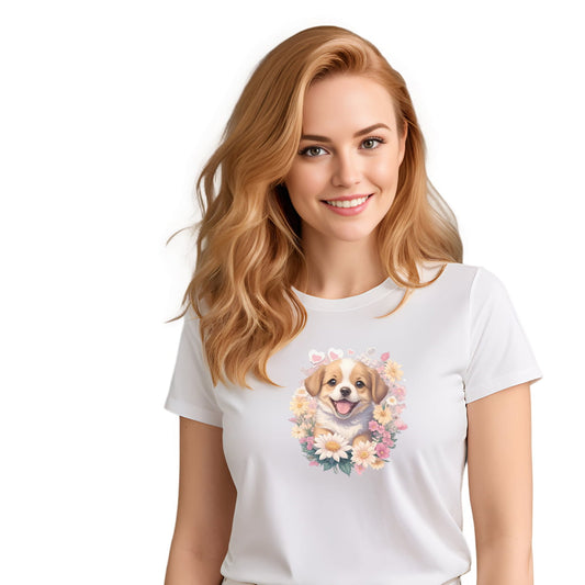 White crew neck short sleeved t-shirt, feature a graphic vibrant colorful hand-drawn dog face of a  Cavalier King Charles spaniel Puppy sitting in floral wreath. woman close up