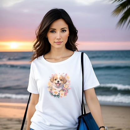 White crew neck short sleeved t-shirt, feature a graphic vibrant colorful hand-drawn dog face of a  Cavalier King Charles spaniel Puppy sitting in floral wreath. woman outdoor