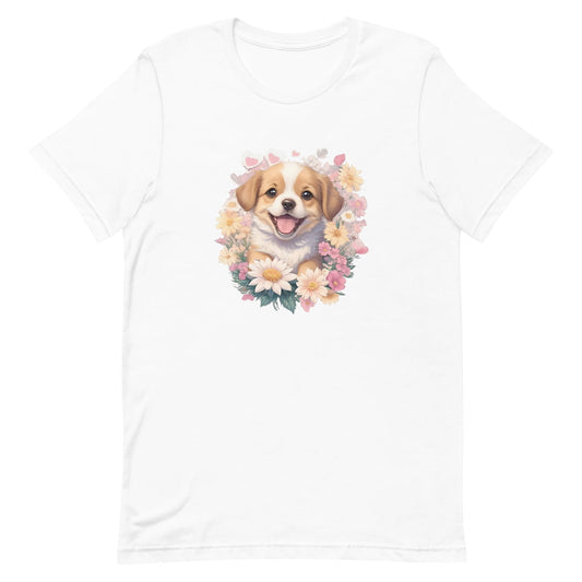 White crew neck short sleeved t-shirt, feature a graphic vibrant colorful hand-drawn dog face of a  Cavalier King Charles spaniel Puppy sitting in floral wreath