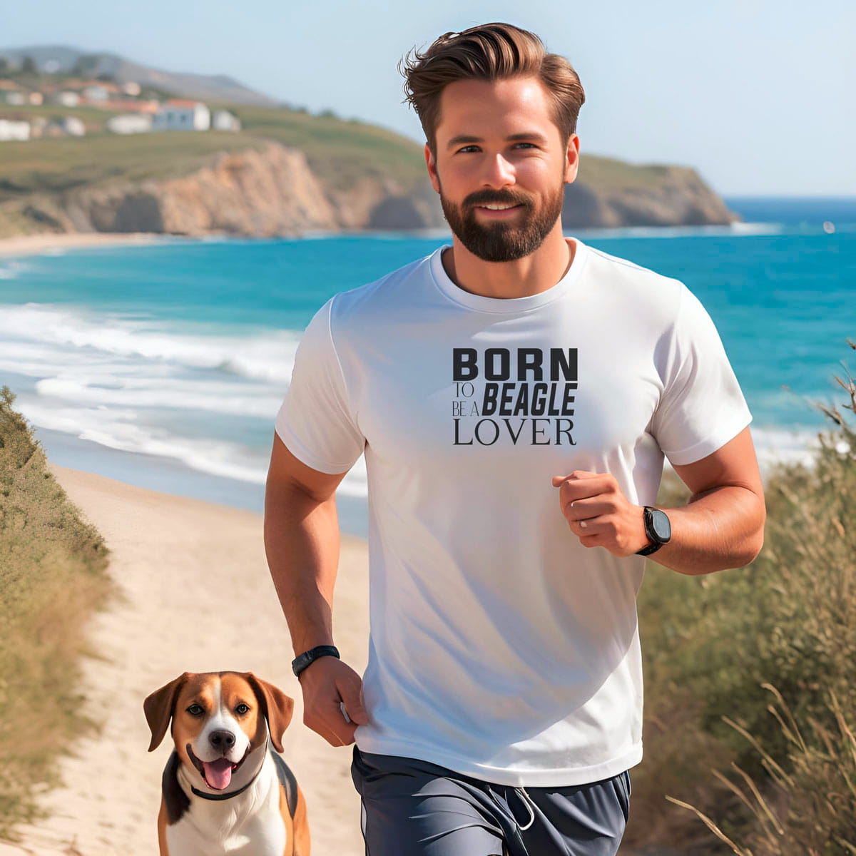 Man jogging along the coast line, with a beagle. He is wearing a white crew neck short sleeved t-shirt, feature a graphic font with ” born to be a beagle lover” in black across chest.