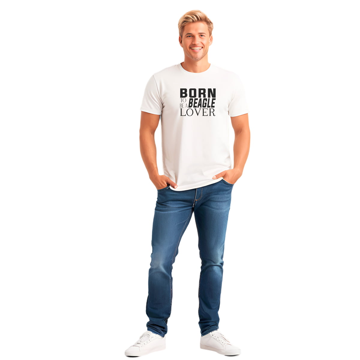 White crew neck short sleeved t-shirt, feature a graphic font with ” born to be a beagle lover” in black across chest. Standing male model  showing fit and size.