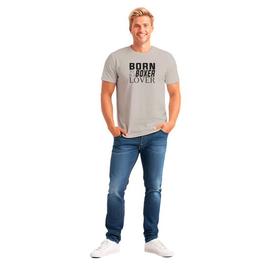Male model wearing gray Boxer lover t-shirt, unisex cotton crew neck tee with bold "born to be a boxer lover"graphic print, short sleeves, lightweight and breathable casual fit