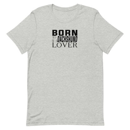 Gray short sleeve crew neck t-shirt with 'Born to be a Doberman Lover' text on a white background