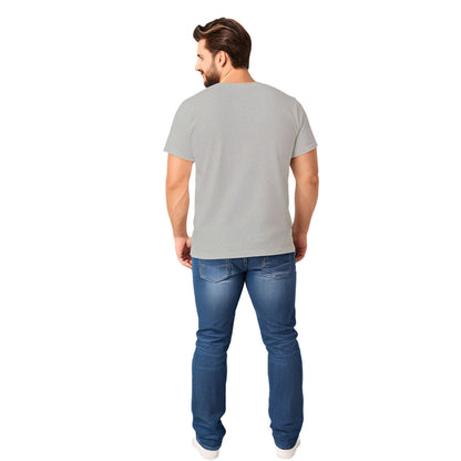 Male model shown back side of a gray, crew neck short sleeved t-shirt