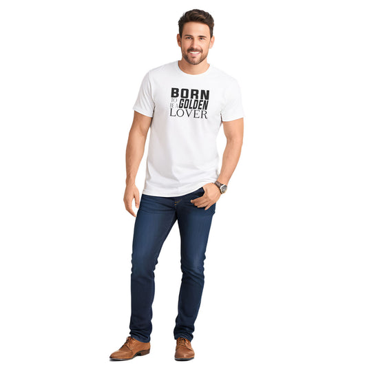 White Unisex 100% cotton crew neck t-shirt with bold black and white text ‘Born to Be a Golden Lover,’ soft breathable fabric for everyday wear. Male model shows fit and wear in casual relaxed style