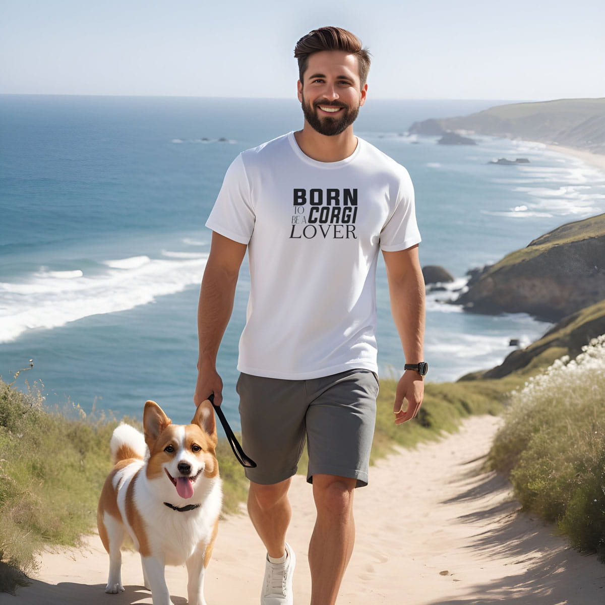 Man walking on the beach wearing a white crew neck short sleeved t-shirt, feature “BORN TO BE A CORGI LOVER” text across the front. Together with a Corgi dog enjoying the outdoor sun