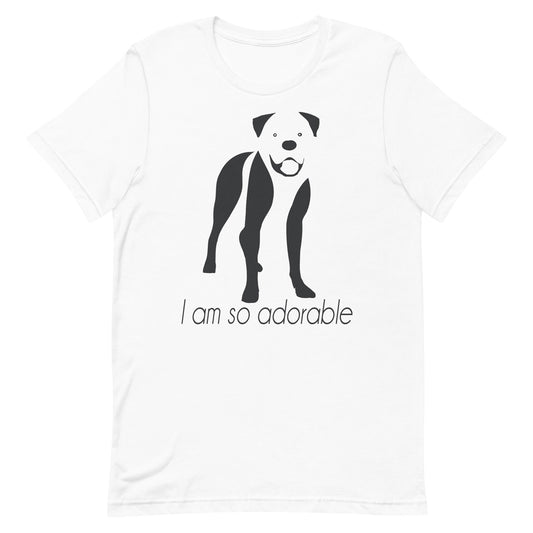 White crew neck short sleeved t-shirt, feature a graphic black/white hand-drawn boxer standing dog