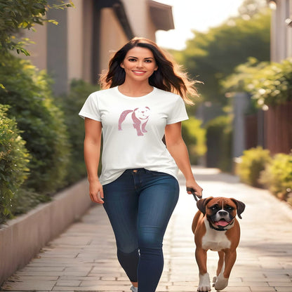 Woman walking on the site-walk wearing a White crew neck short sleeved t-shirt, features a charming bulldog silhouette with floral, and swirl pattern design. Together with a Bulldog enjoying the sun
