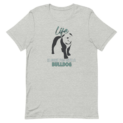 Gray crew neck short sleeved t-shirt, feature a graphic vibrant colorful hand-drawn standing Bulldog Puppy.