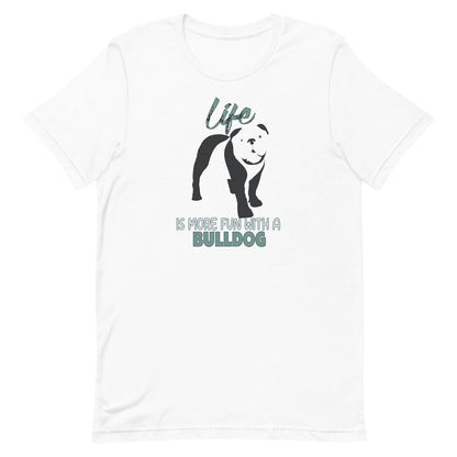 White crew neck short sleeved t-shirt, feature a graphic vibrant colorful hand-drawn standing Bulldog Puppy.