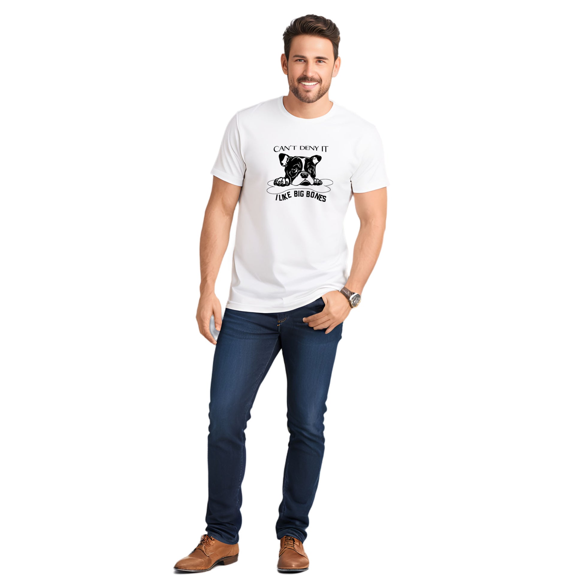 White crew neck short sleeved t-shirt, feature a graphic black/white hand-drawn cute bulldog face protecting its dog bone. Male model shown in close-up to highlight print and fit.