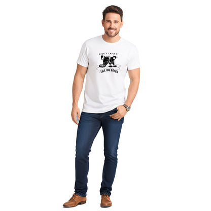 White crew neck short sleeved t-shirt, feature a graphic black/white hand-drawn cute bulldog face protecting its dog bone. Male model shown in close-up to highlight print and fit.