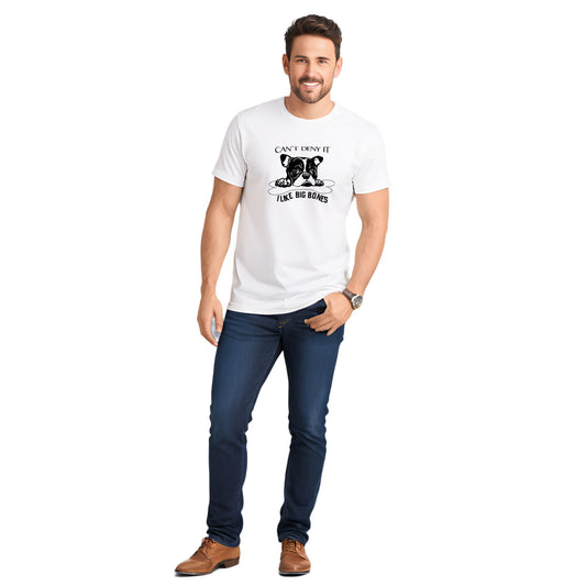 White crew neck short sleeved t-shirt, feature a graphic black/white hand-drawn cute bulldog face protecting its dog bone. Male model shown in close-up to highlight print and fit.