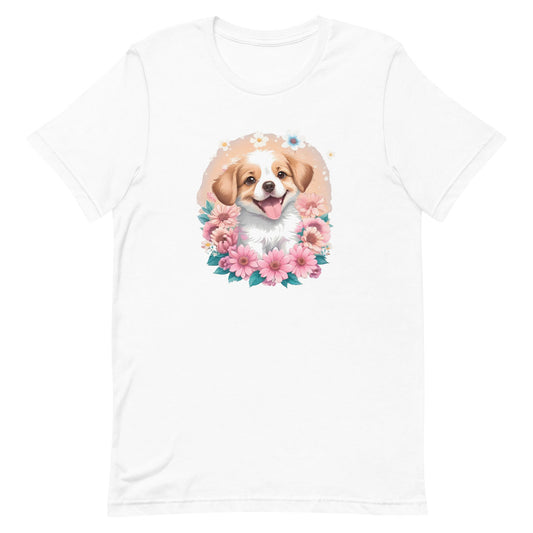 White crew neck short sleeved t-shirt, feature a graphic vibrant colorful hand-drawn dog face of a  Cavalier King Charles spaniel Puppy sitting in floral wreath