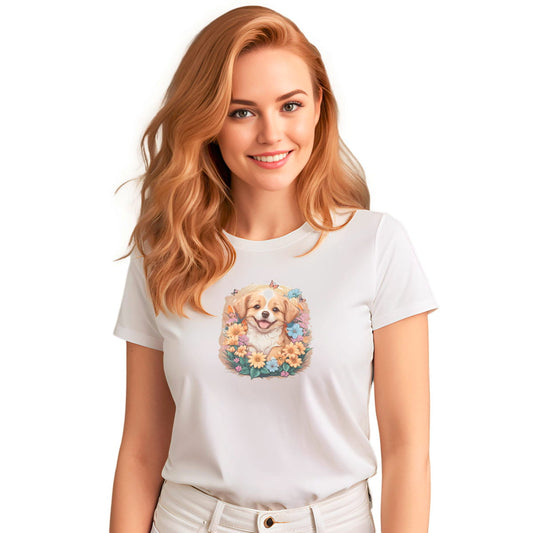 White crew neck short sleeved t-shirt, feature a graphic vibrant colorful hand-drawn dog face of a  Cavalier King Charles spaniel Puppy sitting in floral wreath. Female model shown in close-up to highlight print and fit.