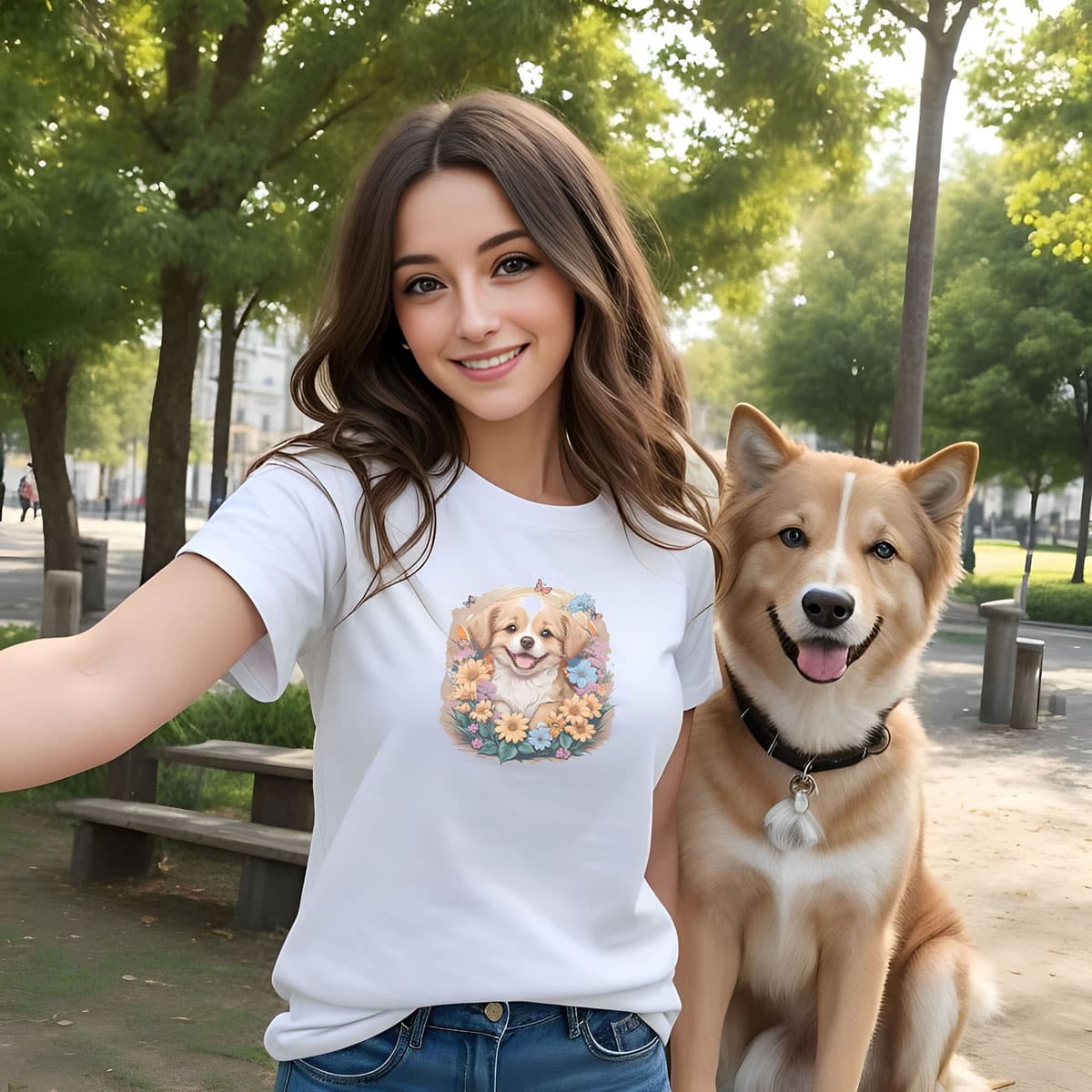 Woman sitting outside, wearing a White crew neck short sleeved t-shirt, feature a graphic vibrant colorful hand-drawn dog face of a Cavalier King Charles spaniel Puppy sitting in floral wreath. 