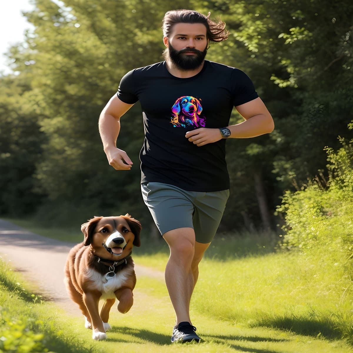 Man walking in the mountain with his dog, wearing a Black crew neck short sleeved t-shirt, feature a graphic vibrant colorful hand-drawn dog face of a Cavalier King Charles spaniel Puppy in vibrant neon palette.