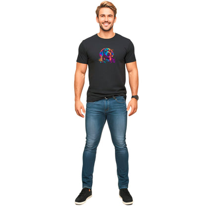Black crew neck short sleeved t-shirt, feature a graphic vibrant colorful hand-drawn dog face of a  Cavalier King Charles spaniel Puppy in vibrant neon palette. Male model shown in close-up to highlight print and fit.
