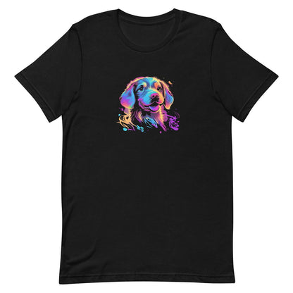 Black crew neck short sleeved t-shirt, feature a graphic vibrant colorful hand-drawn dog face of a  Cavalier King Charles spaniel Puppy in vibrant neon palette.