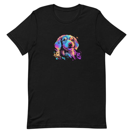 Black crew neck short sleeved t-shirt, feature a graphic vibrant colorful hand-drawn dog face of a  Cavalier King Charles spaniel Puppy in vibrant neon palette.