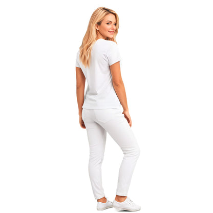 Female model shown back side of a white, crew neck short sleeved t-shirt.