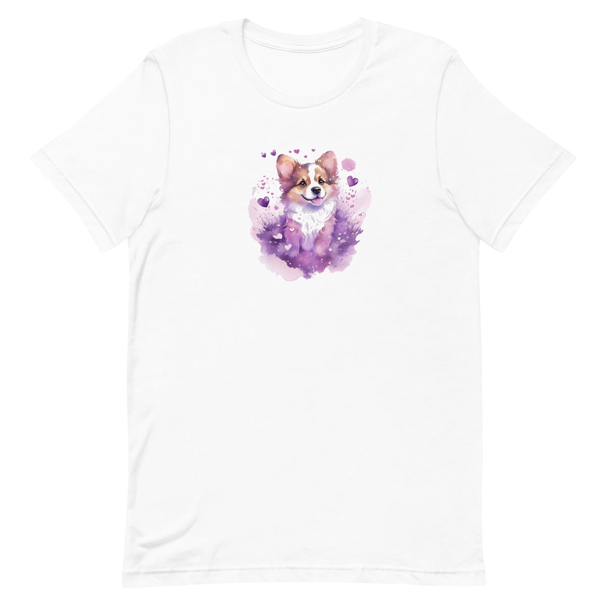 White crew neck short sleeved t-shirt, feature a graphic vibrant colorful hand-drawn dog face of a  Corgi puppy sitting in floral garden.